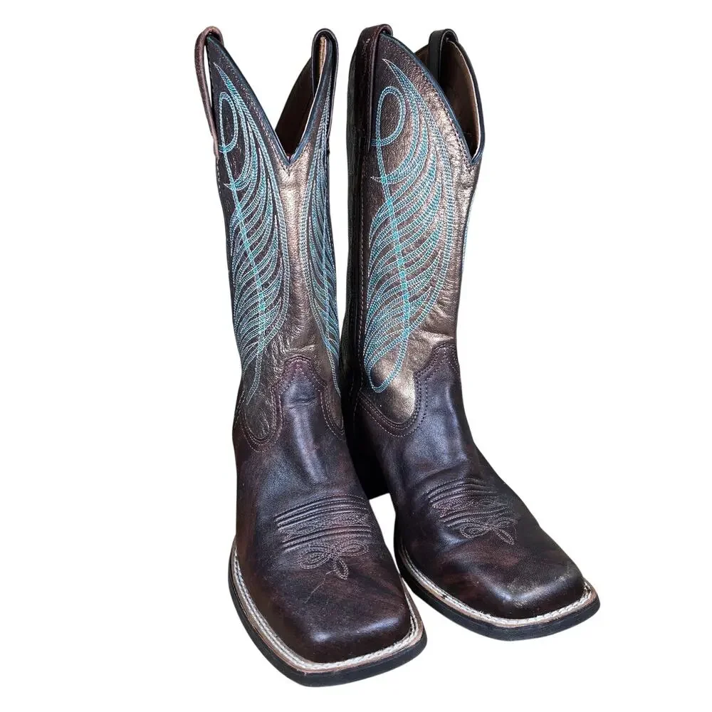 Ariat Womens Round up Yukon Brown Bronze Double Welt Square toe Cowboy Boots 6.5